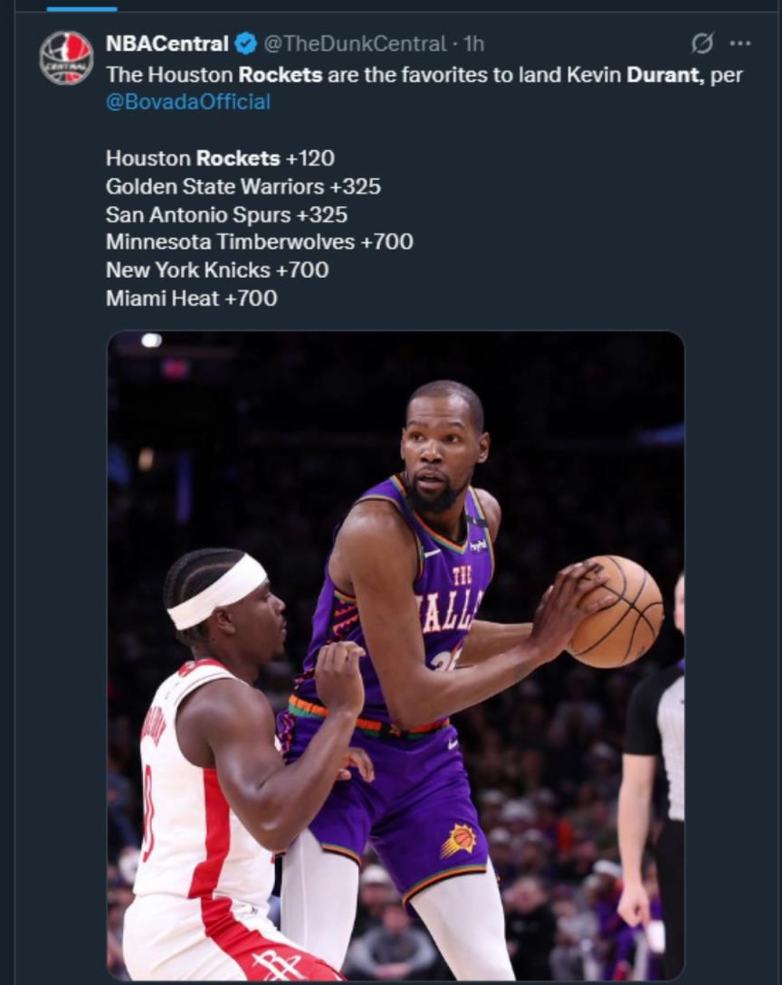難道說(shuō)？美媒曬杜蘭特下家賠率，火箭大幅度領(lǐng)跑！